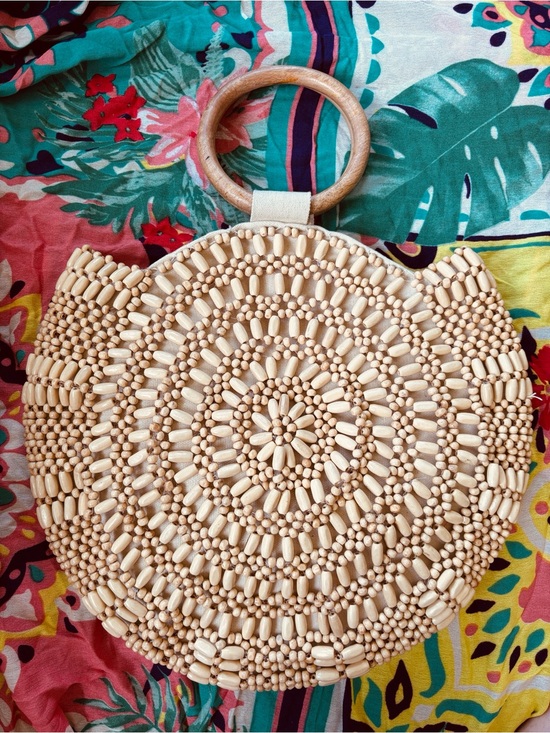 Handbags - Handmade Natural Wooden Beaded Round Handbag Snap Close Cotton Lined Tote Purse